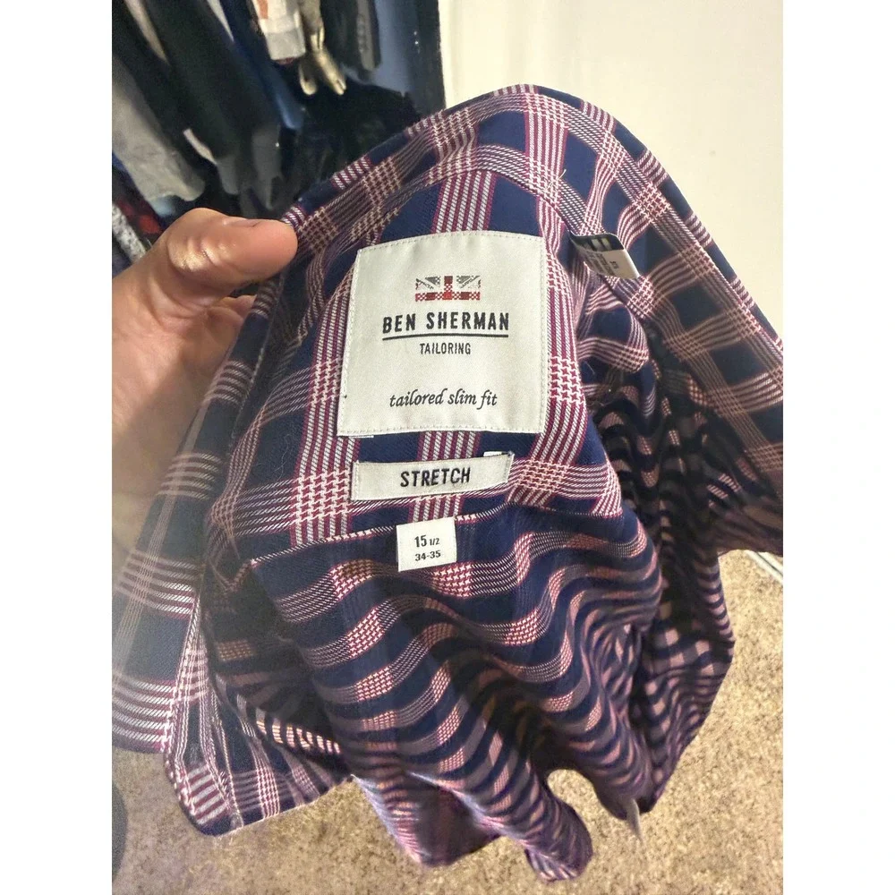 Ben Sherman Tailoring Mens Navy Pink Plaid Slim Fit Stretch Shirt 15.5 34/35